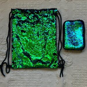 Cute flip sequin drawstring backpack and insulated pouch. Clean and in good cond